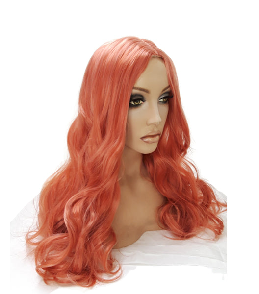 Pink Wavy Wigs for Women Long Curly Rose Gold Middle Part Orange Pink Synthetic Wig for Cosplay Daily Holiday Gift