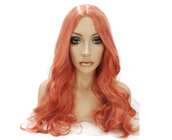 Pink Wavy Wigs for Women Long Curly Rose Gold Middle Part Orange Pink Synthetic Wig for Cosplay Daily Holiday Gift