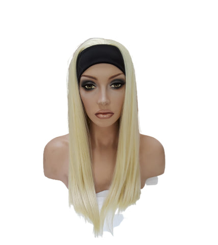 Headband Long Straight Blonde wig Adjustable band black Head Wrap with Casual soft Long Synthetic wig. Daily wear Realistic Natural look Wig