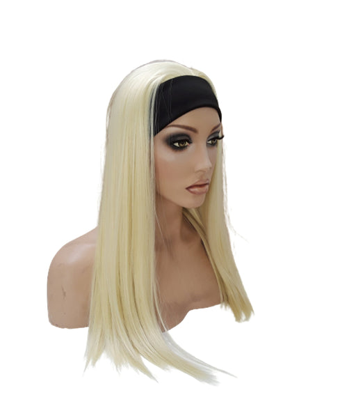 Headband Long Straight Blonde wig Adjustable band black Head Wrap with Casual soft Long Synthetic wig. Daily wear Realistic Natural look Wig