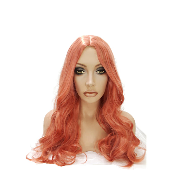 Pink Wavy Wigs for Women Long Curly Rose Gold Middle Part Orange Pink Synthetic Wig for Cosplay Daily Holiday Gift