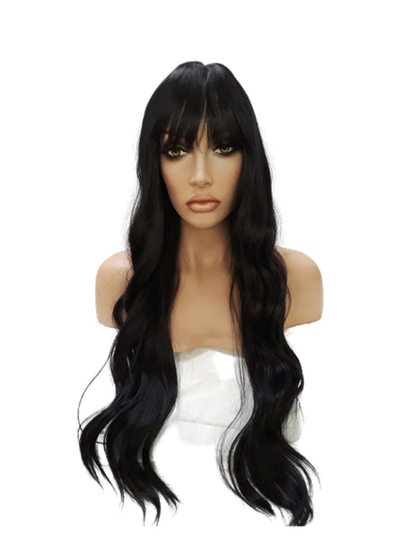 Extra long Black Synthetic Wavy Curly Wig With Skin Top Part Heat Safe