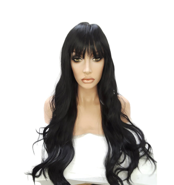 Extra long Black Synthetic Wavy Curly Wig With Skin Top Part Heat Safe