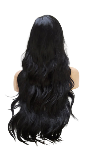 Extra long Black Synthetic Wavy Curly Wig With Skin Top Part Heat Safe