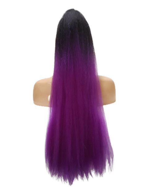 Long Kinky Straight Drawstring Ponytail for Black Women, Ombre Black and Purple Yaki Curly Hair 26 Inch Ponytail Extension