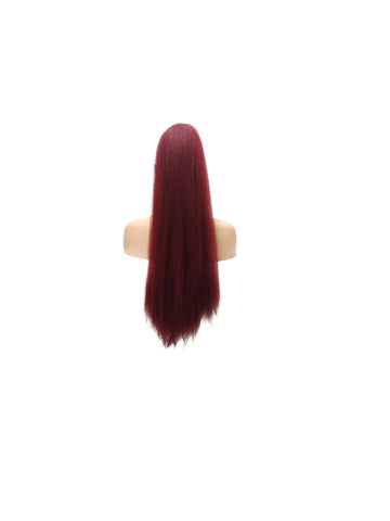 Long Kinky Straight Drawstring Ponytail for Black Women, Burgundy Yaki Curly Hair 26 Inch Ponytail Extension