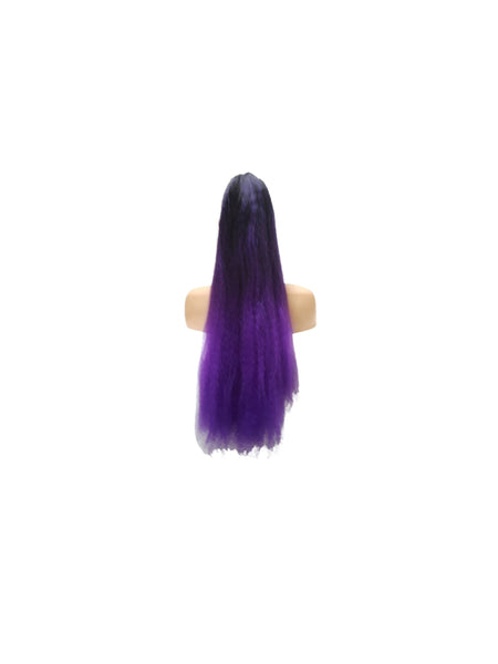 Long Kinky Straight Drawstring Ponytail for Black Women, Ombre Black and Neon Purple Yaki Curly Hair 26 Inch Ponytail Extension