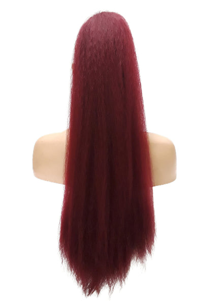 Long Kinky Straight Drawstring Ponytail for Black Women, Burgundy Yaki Curly Hair 26 Inch Ponytail Extension