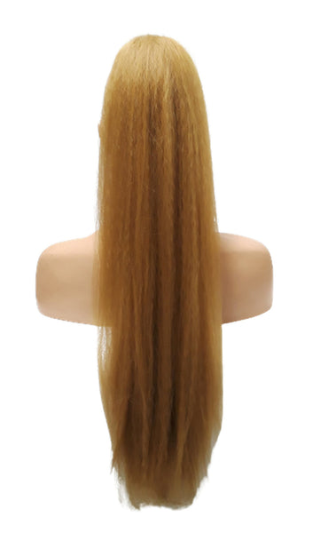 Long Kinky Straight Drawstring Ponytail for Black Women, Yaki Curly Hair 26 Inch Ponytail Extension Strawberry Blonde