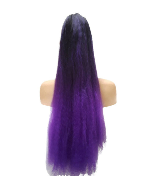 Long Kinky Straight Drawstring Ponytail for Black Women, Ombre Black and Neon Purple Yaki Curly Hair 26 Inch Ponytail Extension