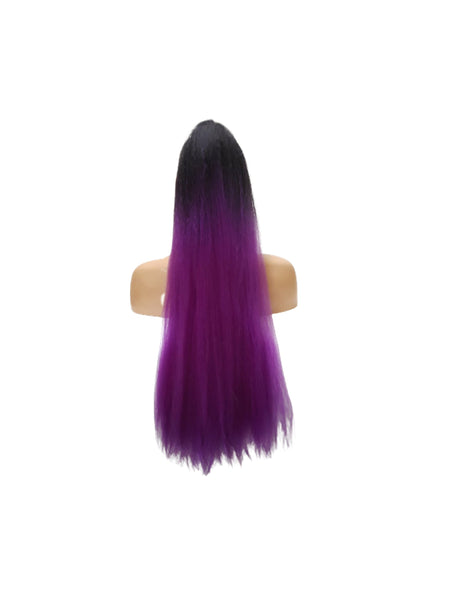 Long Kinky Straight Drawstring Ponytail for Black Women, Ombre Black and Purple Yaki Curly Hair 26 Inch Ponytail Extension