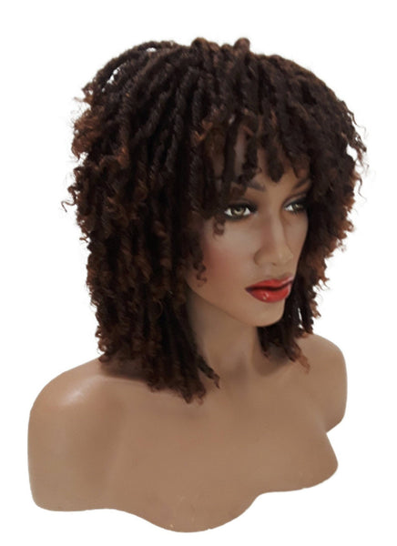 Short Dreadlock Wig Twist Wigs for Black Women Short Curly Synthetic Wigs in Ombre of Black, Brown, and Auburn!