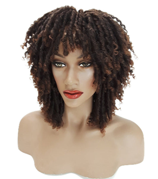 Short Dreadlock Wig Twist Wigs for Black Women Short Curly Synthetic Wigs in Ombre of Black, Brown, and Auburn!