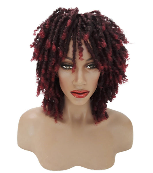 Short Dreadlock Wig Twist Wigs for Black Women Short Curly Synthetic Wigs in Ombre of Black, Brown, and Burgundy!