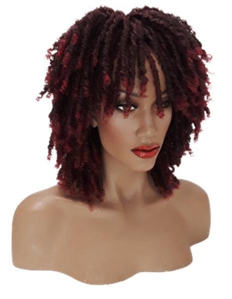 Short Dreadlock Wig Twist Wigs for Black Women Short Curly Synthetic Wigs in Ombre of Black, Brown, and Burgundy!