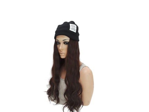 Hat with Hair Attached Slouchy Winter Knit Hat Synthetic Long Wavy Hair Beanie Cap for Women Wig Hat with Hair(Auburn brown)