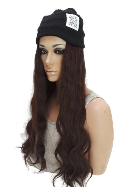 Hat with Hair Attached Slouchy Winter Knit Hat Synthetic Long Wavy Hair Beanie Cap for Women Wig Hat with Hair(Auburn brown)