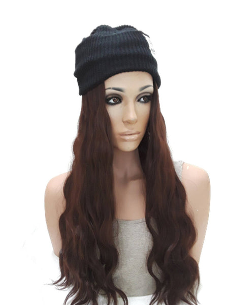 Hat with Hair Attached Slouchy Winter Knit Hat Synthetic Long Wavy Hair Beanie Cap for Women Wig Hat with Hair(Auburn brown)