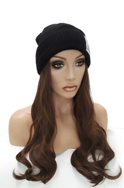 Hat with Hair Attached Slouchy Winter Knit Hat Synthetic Long curly Hair Beanie Cap for Women Wig Hat with Hair