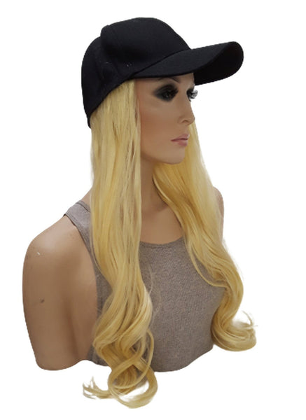 Baseball Cap with Hair Extensions for Women Adjustable Hat with Synthetic Wig Attached 16inch Long Straight Hair Black Baseball Cap Blonde