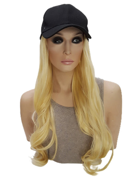 Baseball Cap with Hair Extensions for Women Adjustable Hat with Synthetic Wig Attached 16inch Long Straight Hair Black Baseball Cap Blonde