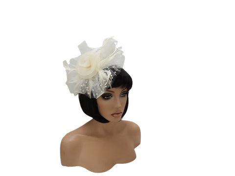 Fascinators Hat for Women Tea Party Headband Kentucky Derby Wedding Flower Cocktail Mesh Feathers Hair Clip Off White