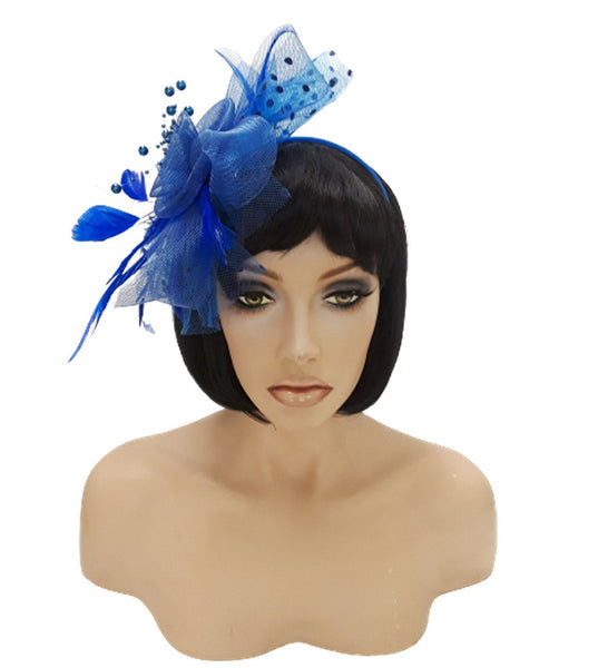 Fascinators Hat for Women Tea Party Headband Kentucky Derby Wedding Flower Cocktail Mesh Feathers Hair Clip Blue