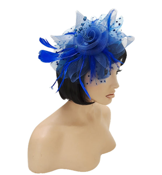 Fascinators Hat for Women Tea Party Headband Kentucky Derby Wedding Flower Cocktail Mesh Feathers Hair Clip Blue