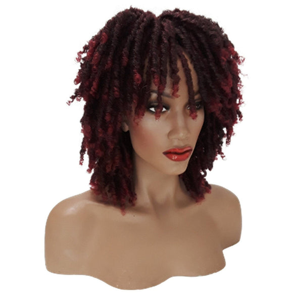 Short Dreadlock Wig Twist Wigs for Black Women Short Curly Synthetic Wigs in Ombre of Black, Brown, and Burgundy!