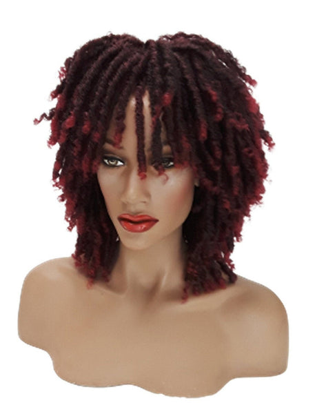 Short Dreadlock Wig Twist Wigs for Black Women Short Curly Synthetic Wigs in Ombre of Black, Brown, and Burgundy!