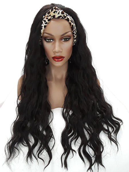 Headband Wavvy wig Adjustable band Leopard Print Headwrap with Casual soft curly Black Synthetic wig. Daily wear Realistic Natural look Wig.