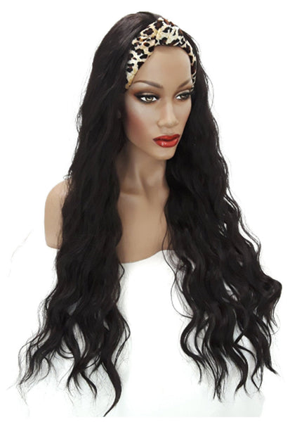 Headband Wavvy wig Adjustable band Leopard Print Headwrap with Casual soft curly Black Synthetic wig. Daily wear Realistic Natural look Wig.