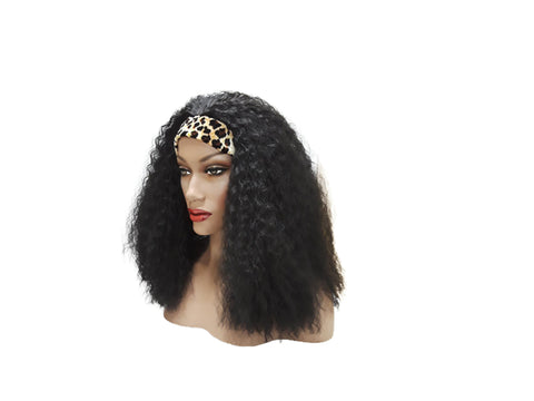 Headband afro wig Adjustable band Leopard Print Headwrap with Casual soft curly Black Synthetic wig. Daily wear Realistic Natural look Wig.