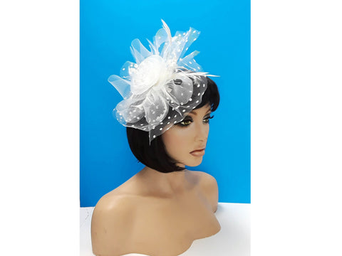 Fascinators Hat for Women Tea Party Headband Kentucky Derby Wedding Flower Cocktail Mesh Feathers Hair Clip White