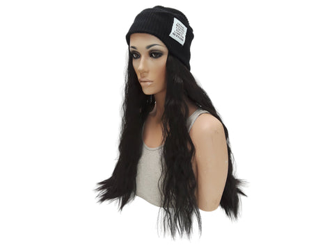 Hat with Hair Attached Slouchy Winter Knit Hat Synthetic Long Wavy Hair Beanie Cap for Women Wig Hat with Hair(#2 Black)