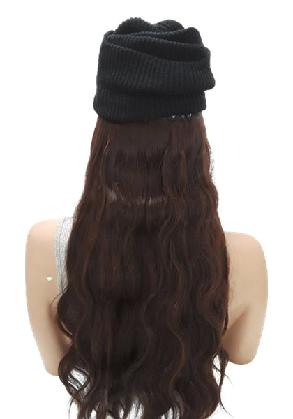 Hat with Hair Attached Slouchy Winter Knit Hat Synthetic Long Wavy Hair Beanie Cap for Women Wig Hat with Hair(Auburn brown)