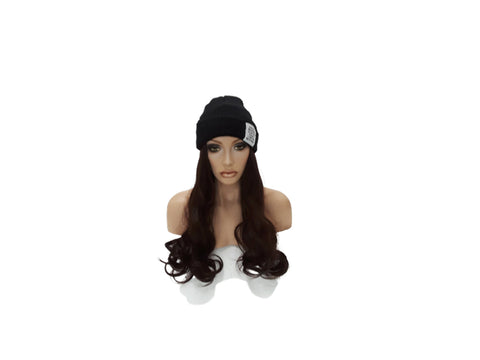 Hat with Hair Attached Slouchy Winter Knit Hat Synthetic Long curly Hair Beanie Cap for Women Wig Hat with Hair Dark Brown