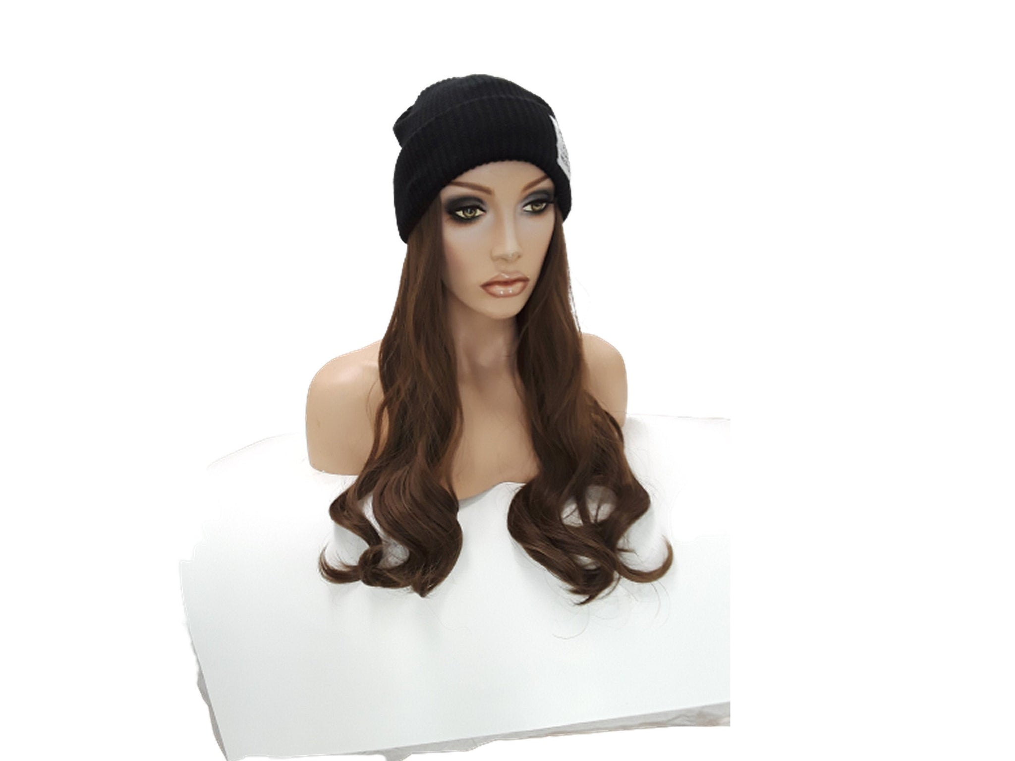 Hat with Hair Attached Slouchy Winter Knit Hat Synthetic Long curly Hair Beanie Cap for Women Wig Hat with Hair