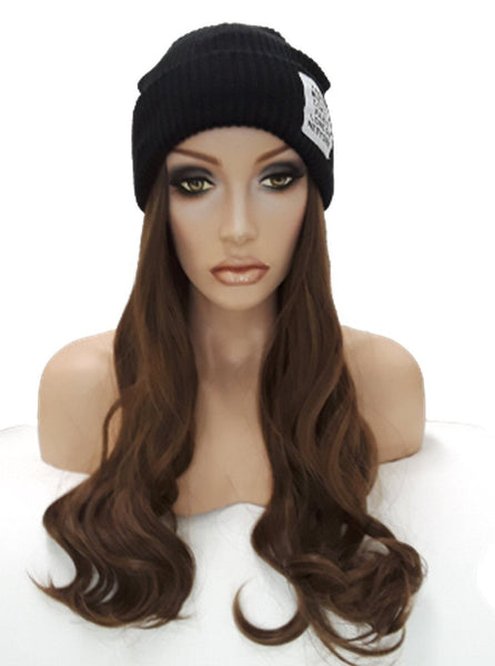 Hat with Hair Attached Slouchy Winter Knit Hat Synthetic Long curly Hair Beanie Cap for Women Wig Hat with Hair