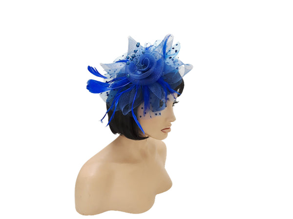 Fascinators Hat for Women Tea Party Headband Kentucky Derby Wedding Flower Cocktail Mesh Feathers Hair Clip Blue