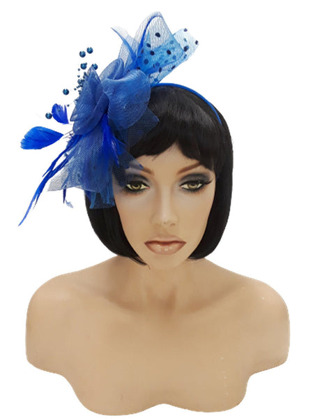 Fascinators Hat for Women Tea Party Headband Kentucky Derby Wedding Flower Cocktail Mesh Feathers Hair Clip Blue