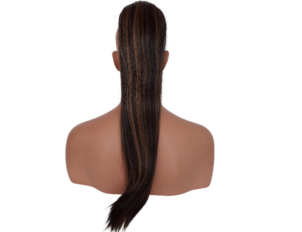 22 Inch Brown with Strawberry Blonde Highlights Drawstring Ponytail