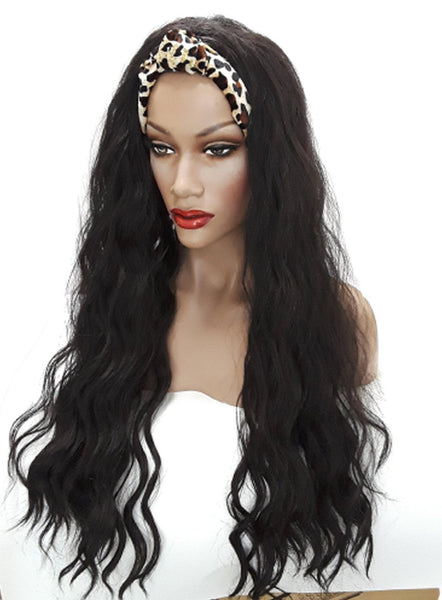 Headband Wavvy wig Adjustable band Leopard Print Headwrap with Casual soft curly Black Synthetic wig. Daily wear Realistic Natural look Wig.