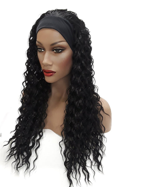 Headband afro wig Adjustable band Black Headwrap with Casual soft curly Black Synthetic wig. Daily wear Realistic Natural look Wig.