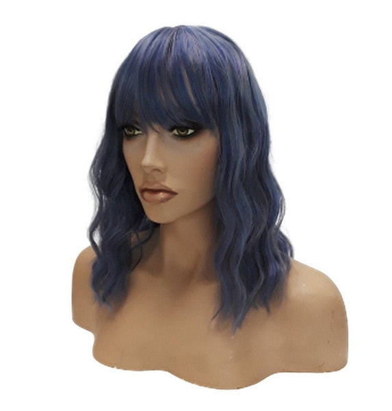 Realistic Dark Grey Blue Synthetic Wavy Curly Bob Wig, Wedding Wigs for Women, Unique Curly Hairpiece Wig Natural Realistic Everyday Look