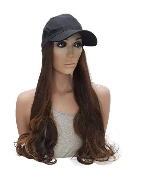 Baseball Cap with Hair Extensions for Women Adjustable Hat with Auburn Brown Synthetic Wig Attached Long Straight Hair Black Baseball Cap