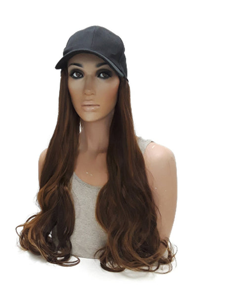 Baseball Cap with Hair Extensions for Women Adjustable Hat with Auburn Brown Synthetic Wig Attached Long Straight Hair Black Baseball Cap