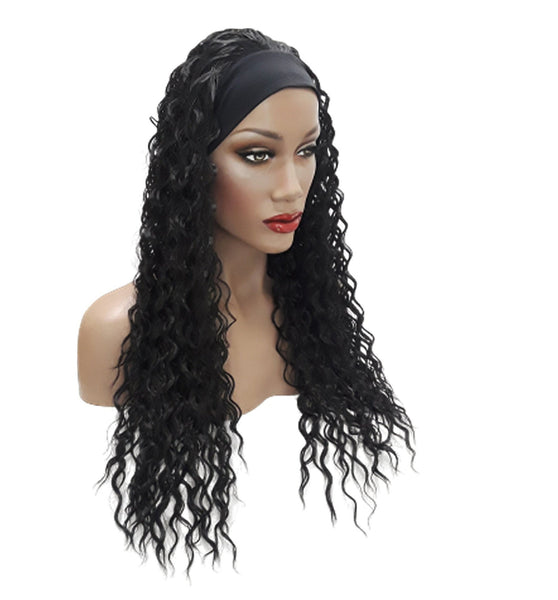 Headband afro wig Adjustable band Black Headwrap with Casual soft curly Black Synthetic wig. Daily wear Realistic Natural look Wig.