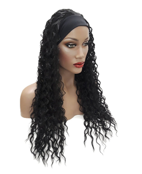 Headband afro wig Adjustable band Black Headwrap with Casual soft curly Black Synthetic wig. Daily wear Realistic Natural look Wig.