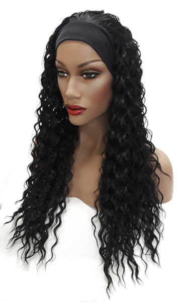 Headband afro wig Adjustable band Black Headwrap with Casual soft curly Black Synthetic wig. Daily wear Realistic Natural look Wig.